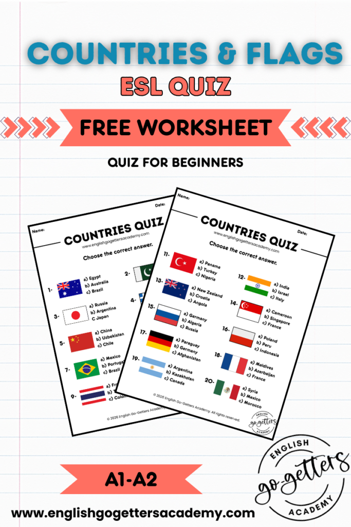 Free ESL countries and flags worksheet for beginners A1 A2