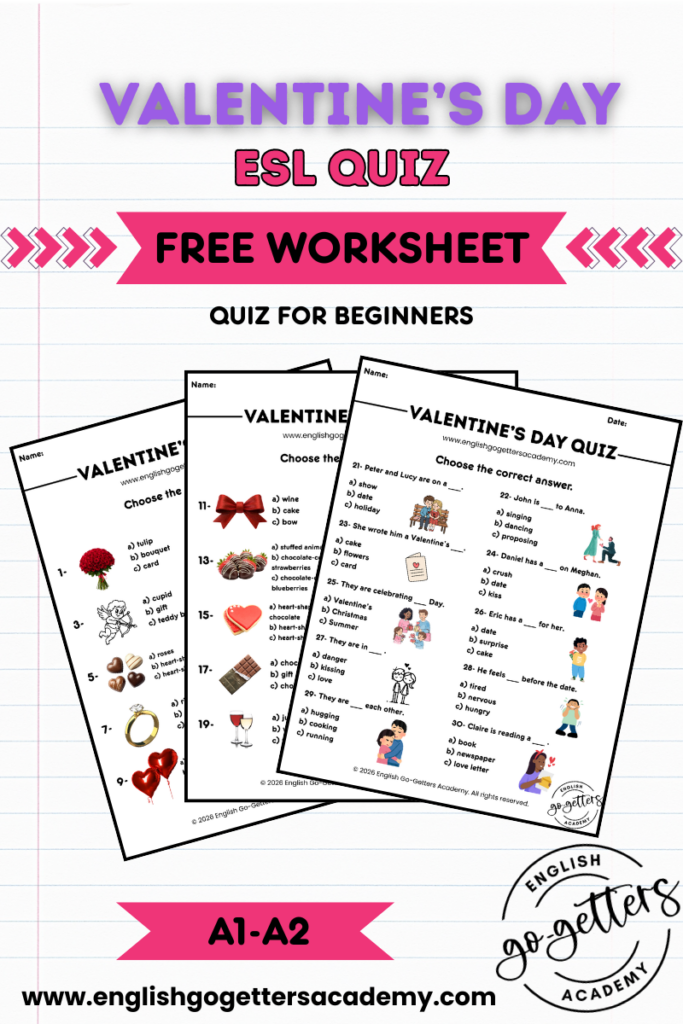 Valentine’s Day vocabulary worksheet for ESL beginners A1-A2 printable PDF preview