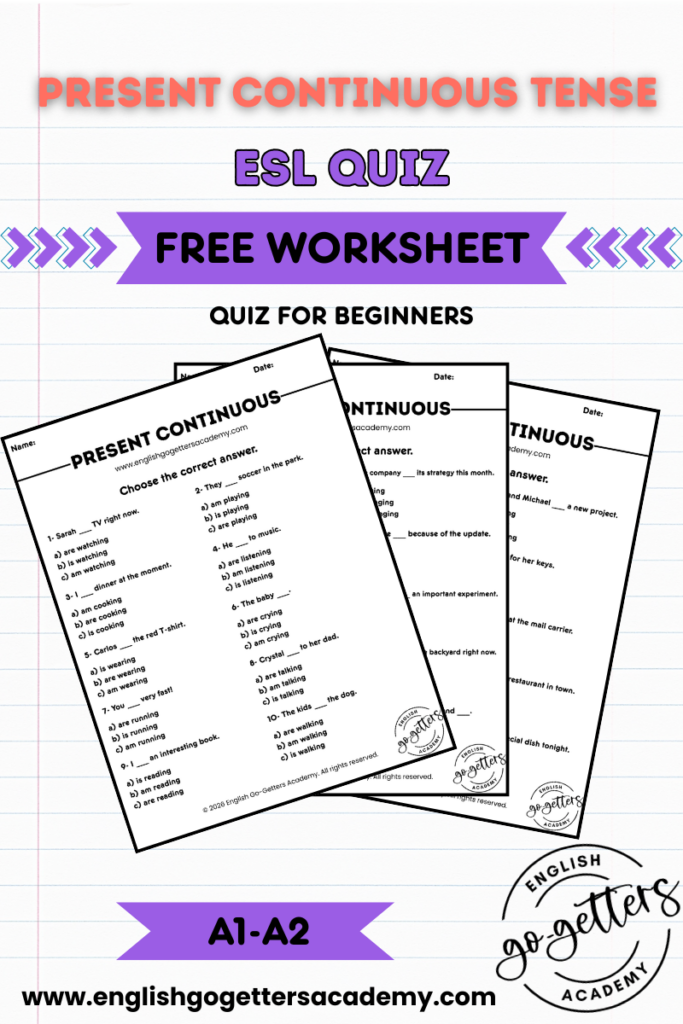 Printable present continuous tense worksheet PDF for beginner ESL students