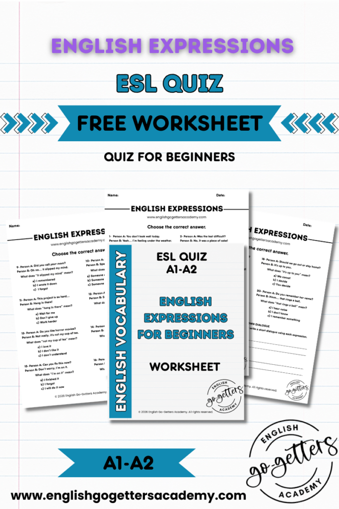 English expressions worksheet for beginners A1-A2 ESL quiz with printable PDF, multiple choice questions, and dialogue practice