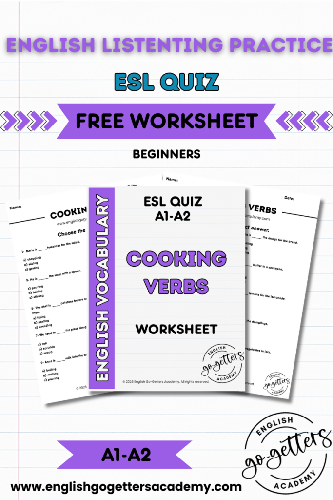Free cooking verbs worksheet preview for beginner English learners A1-A2 – ESL quiz by English Go-Getters Academy